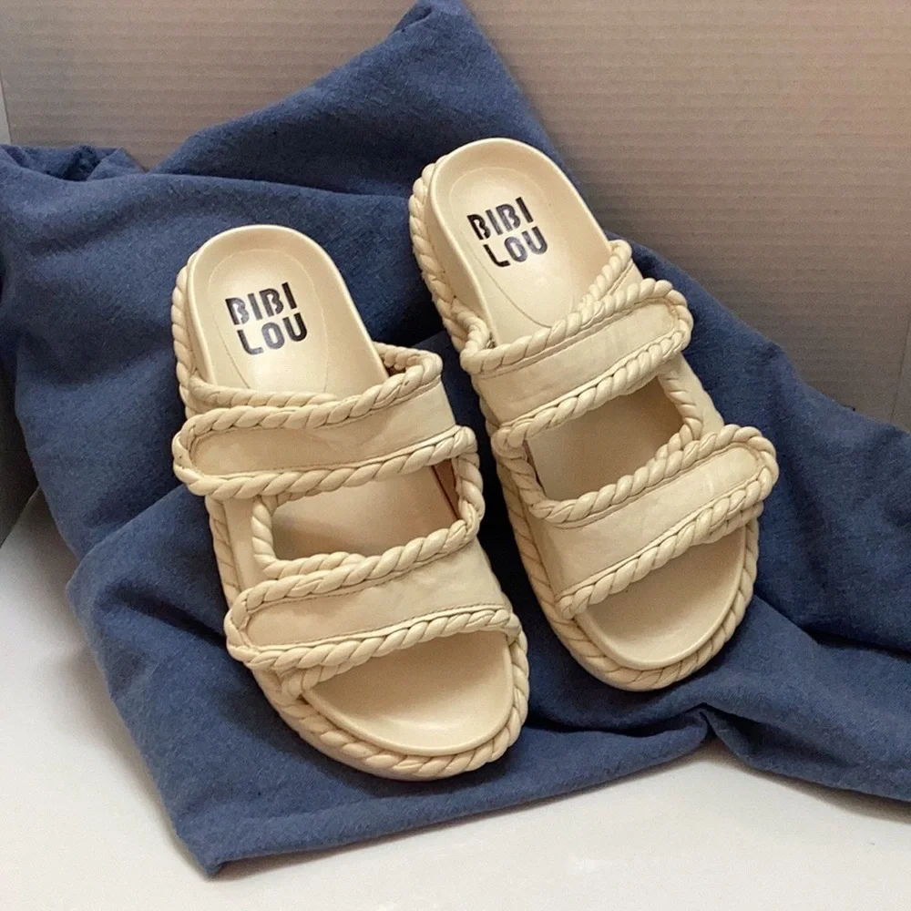 Bibi Lou Anthropologie slides sandals textured coastal braided rope boho 37